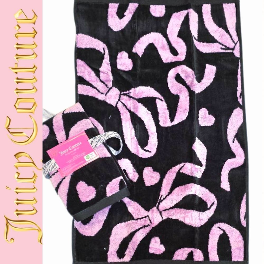 Juicy Couture Home  Ribbon Bow & Hearts Hand Towel Set- Black/Pink